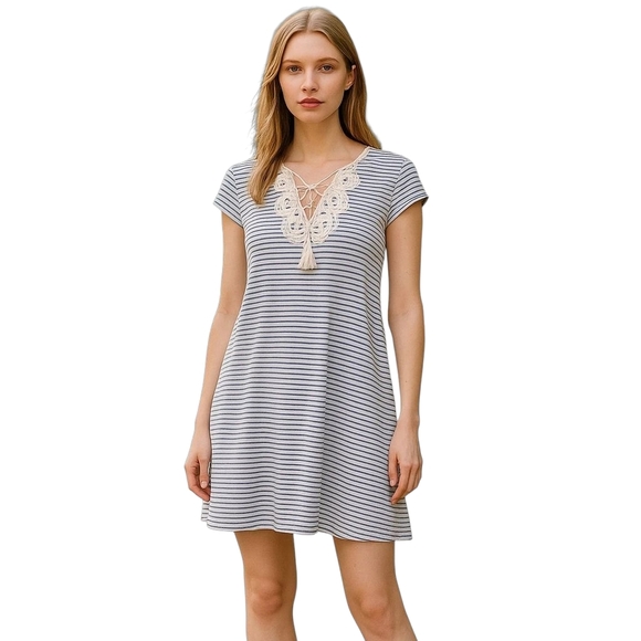 Max Studio Navy White Striped Sleeveless Tassel Lace Mini Dress XS NWT - Picture 1 of 8